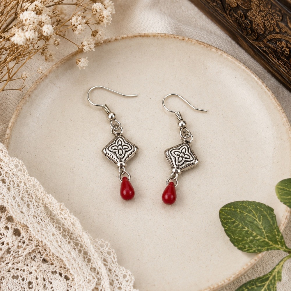 Vintage Silver Tone Boho Diamond Stamped Drop Earrings with Red Teardrop Beads